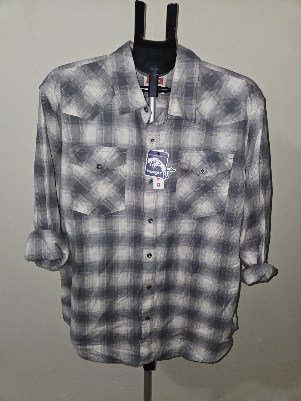 Wrangler Men's Grayish/Blue Plaid Western Button-Down Shirt XL